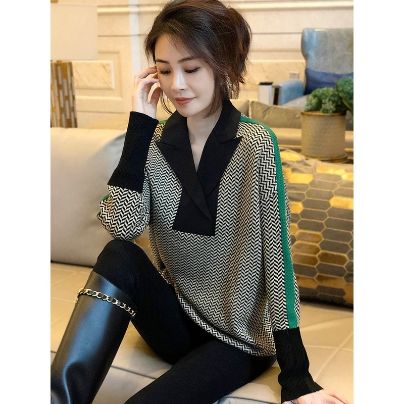 Collar Striped Pullover Sweater Women 2022 Autumn and Winter Western Style Versatile Knitted Bottoming Pullover Sweater alx