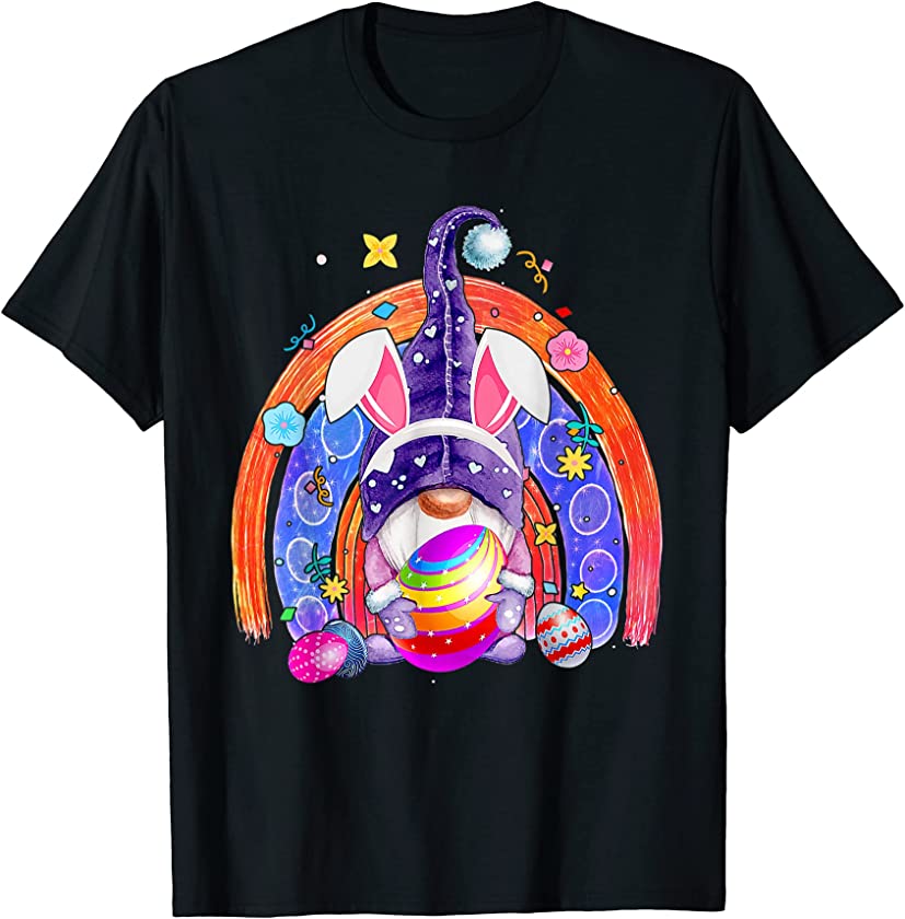 Rainbow Bunny Gnome Rabbit Eggs Hunting Happy Easter Day T-Shirt