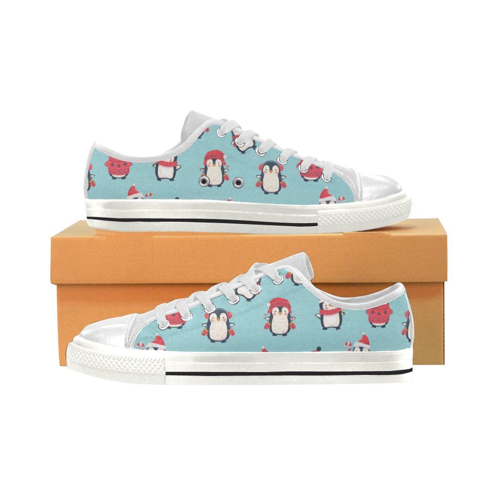 Cute Penguin Christmas  Design Pattern Kid’S Low Top Canvas Shoes White