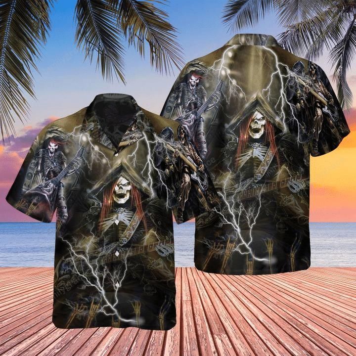 Amazing Guitar Skull Aloha Hawaiian Shirt Colorful Short Sleeve Summer Beach Casual Shirt For Men And Women