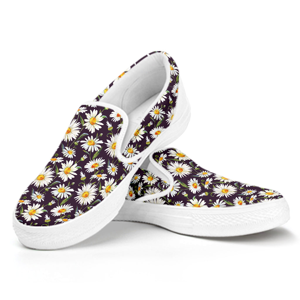 Watercolor White Daisy Pattern Print White Slip On Shoes