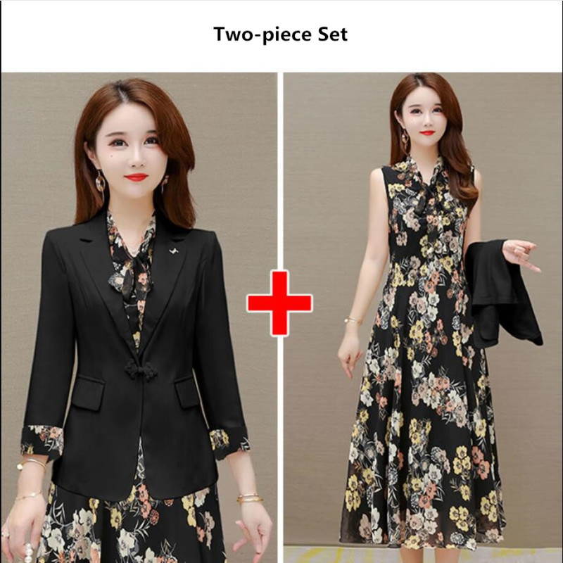 2022 Spring Autumn New Suit Jacket Dress Two-piece Women’s Elegant Blazers Floral Long Skirt Set Female Office Professional Wear alx