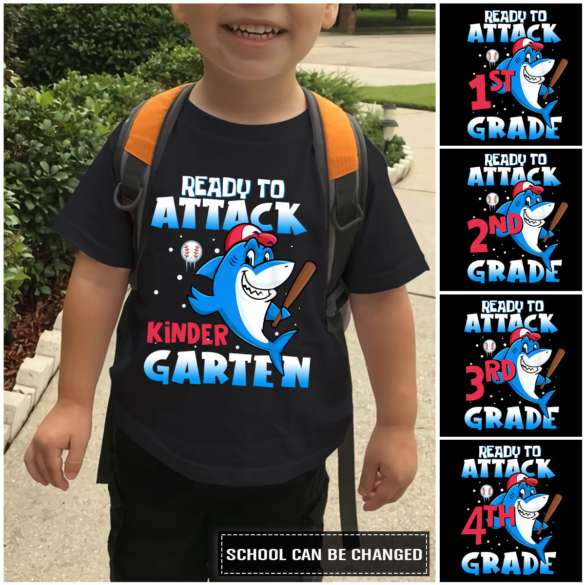 89Customized Ready To Attack School Baseball Shark Personalized Youth T-Shirt