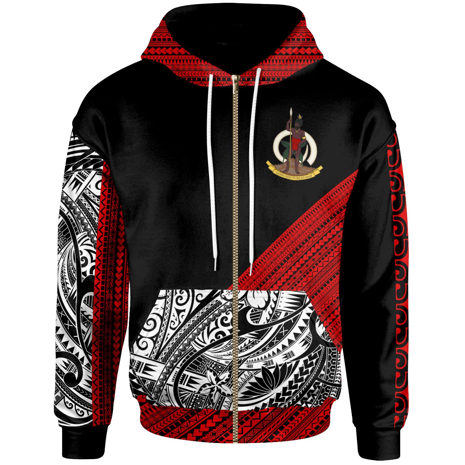 Vanuatu Custom Personalised Zip Hoodie – Polynesian Diagonal Pattern Red – BN20