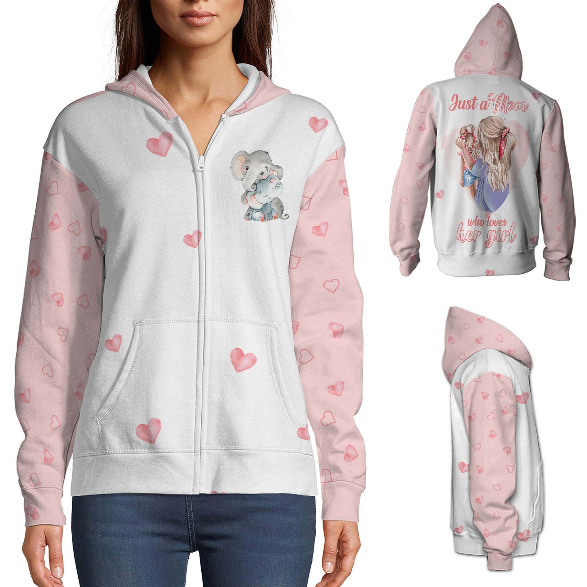 Just A Mom Who Loves Her Girl Elephant 3D Zip Hoodie Shirt As A Gift For Mom On Mother’s Day