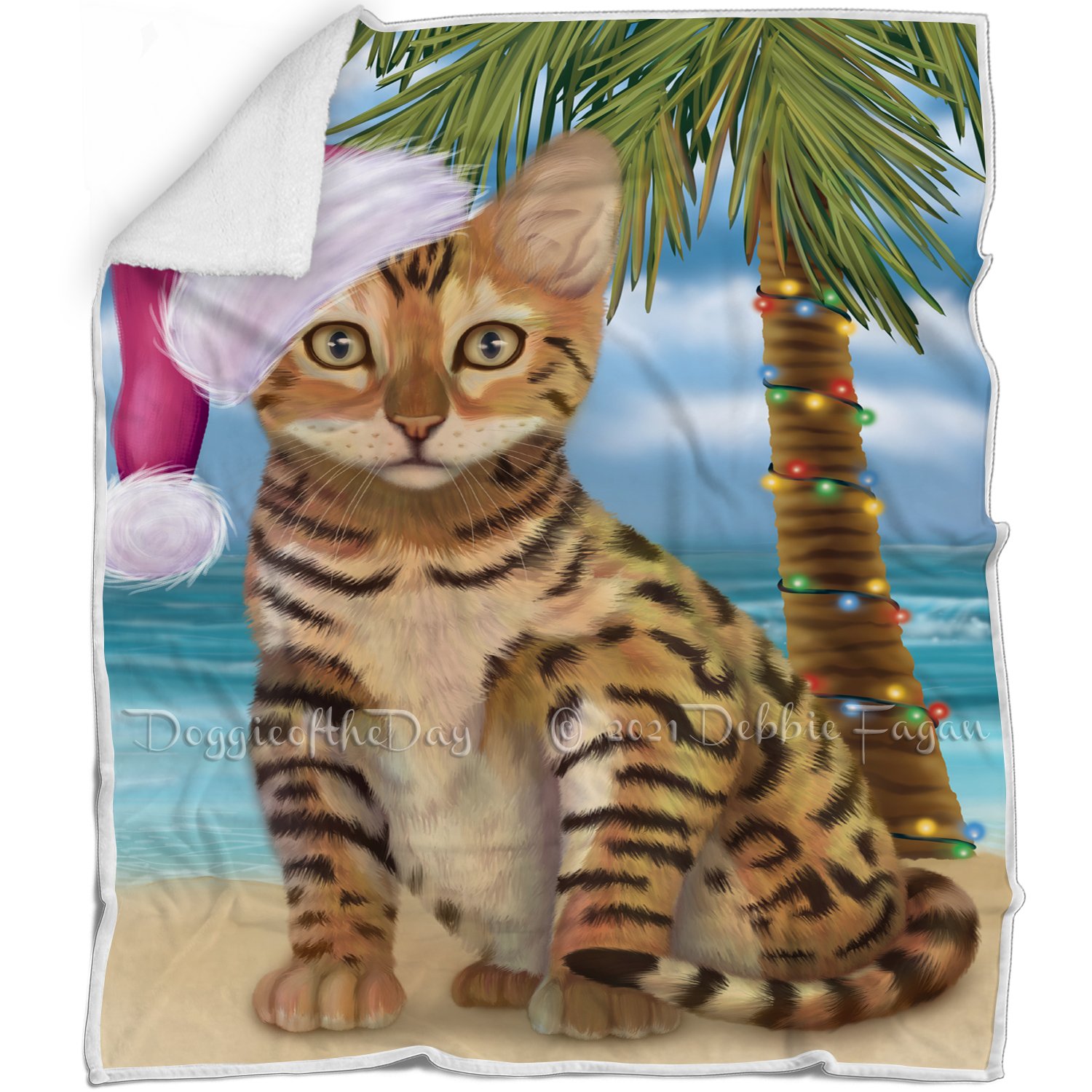 Summertime Happy Holidays Christmas Chinese Li Hua Kitten Cat On Tropical Island Beach Blanket D167