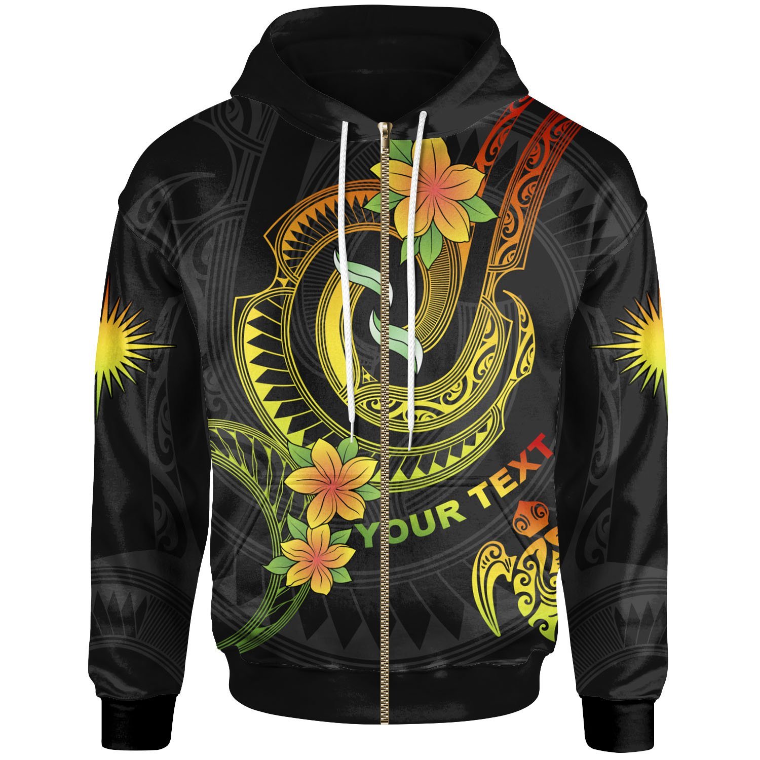 Marshall Islands Custom Personalised Zip-Up Hoodie – Reggae Plumeria Flowers with Spiral Patterns – BN26