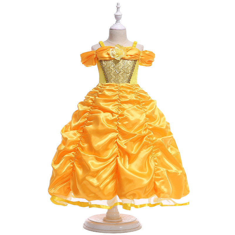 Belle Costume Girls Beauty and the Beast Princess party Dress up Children Shoulderless Layered Ball Gown for Halloween alx