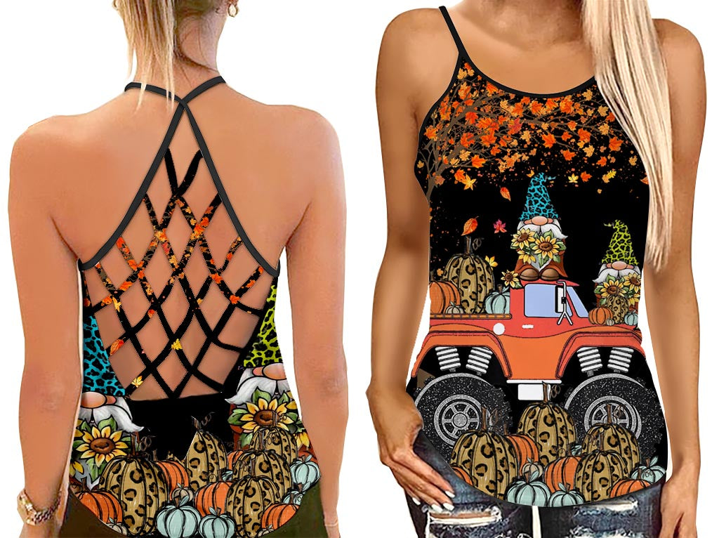 Pumpkin Trendy Animal Skin Tank Top Gnomes Shirt Women – Autumn Cross Open Back Camisole Tank