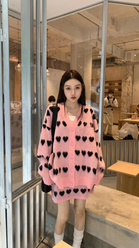 Sweet Knitting Suit Heart Printed Jacquard Sweater Cardigan Coat Women’s Autumn High Waist Skirt Two-piece Set Female Clothes alx