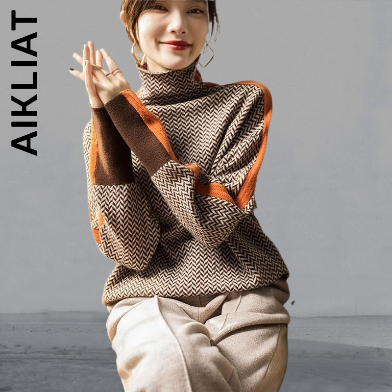 Aikliat Fashion Women Sweater Turtleneck Knitted Elegant Harajuku Sweaters Women Jumper Vintage Knit Sweater Korean Chic Female alx