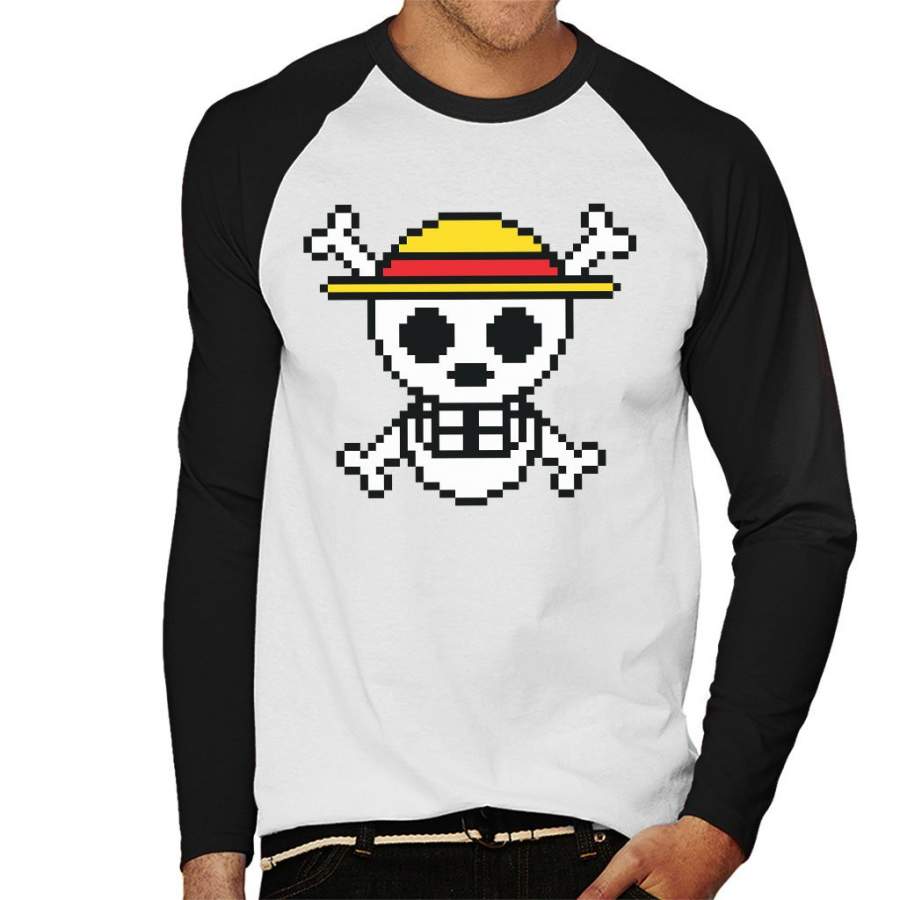 Straw Hat Skull And Cross Bones Pixel One Piece Men’s Baseball Long Sleeved T-shirt
