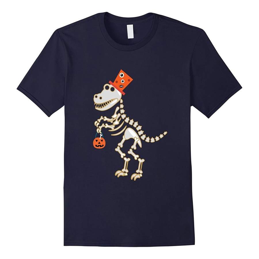 Skeleton T Rex Dinosaur Pumpkin Funny Halloween T-Shirt Men Round Neck T-Shirts