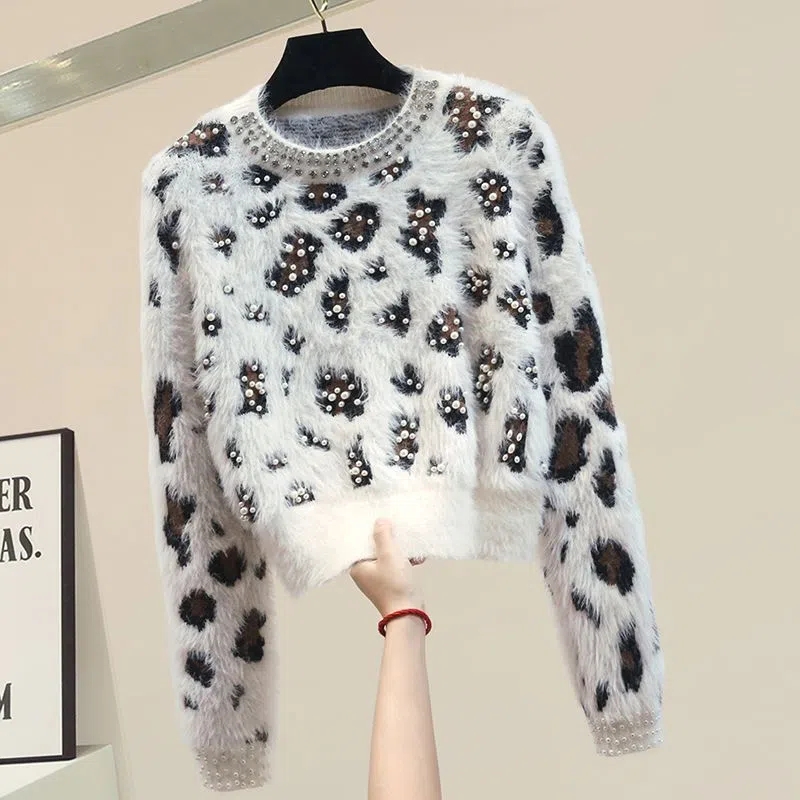 Winter Fashion Loose Leopard-Print Pearl Sweater Korean Diamondes O-Neck Long Sleeve Knit Tops thickening New beading Sweater alx