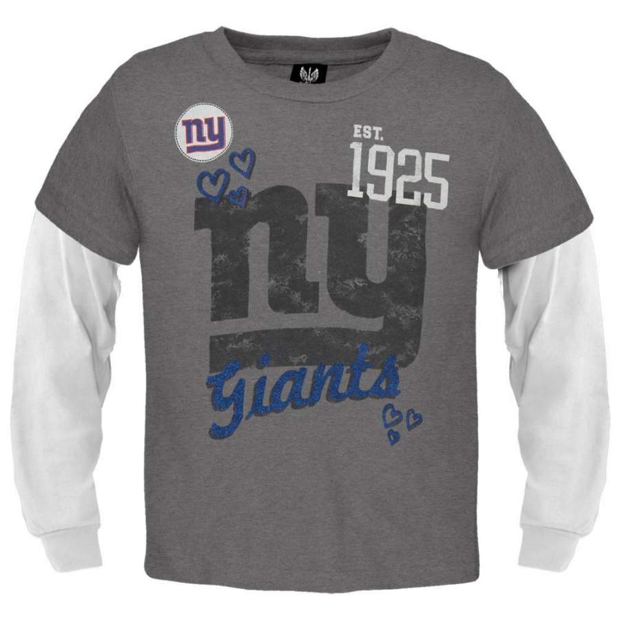 New York Giants – Glitter Hearts Girls Juvy 2fer Long Sleeve T-Shirt