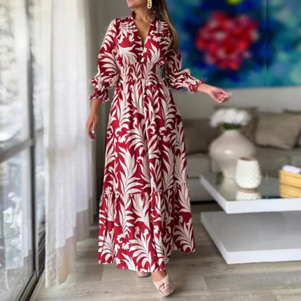 2022 Autumn And Winter New Long Skirt Fashion Sexy V-neck Waist Pullover Bohemian Print Long-Sleeved Large Swing Dress Women alx