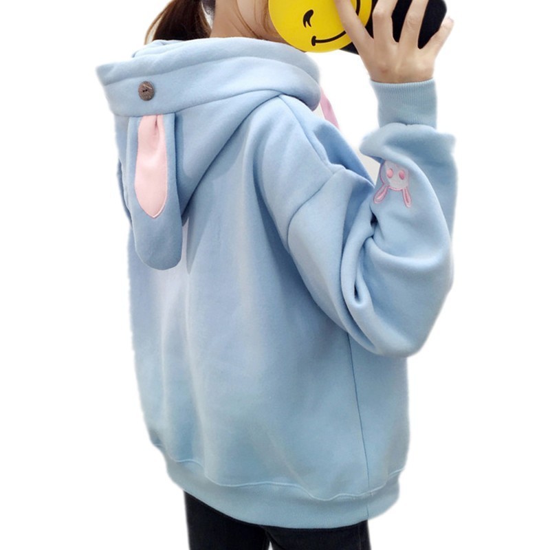 Kawaii Sweet Rabbit Ears Hooded Sweatshirt Women Harajuku Cute Hoodies Loose Embroidery Cartoon Tracksuits Pullovers Moletom alx