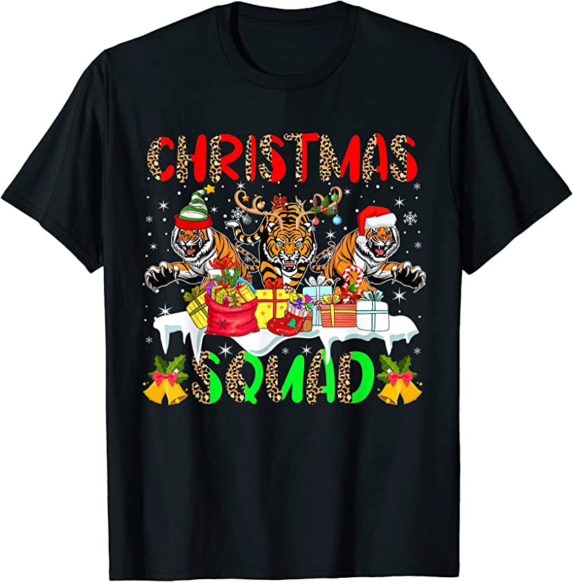 Christmas Squad Leopard Three Santa Reindeer Elf Tigers T-Shirt