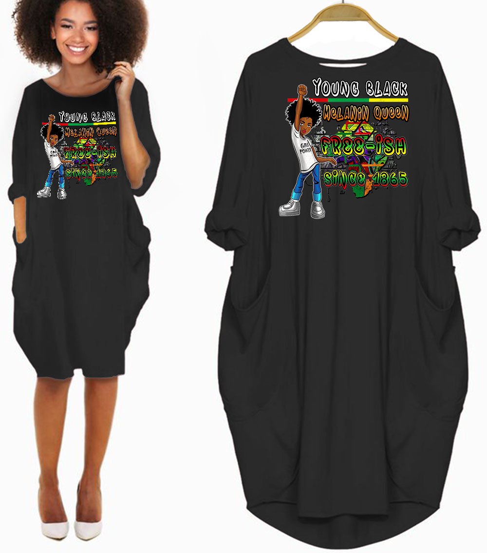 African American Dresses Juneteenth Freedom Day Melanin Queen Free-Ish Since 1865 Beautiful Afro American Woman Long Sleeve Pocket Dress African Print Dresses Styles