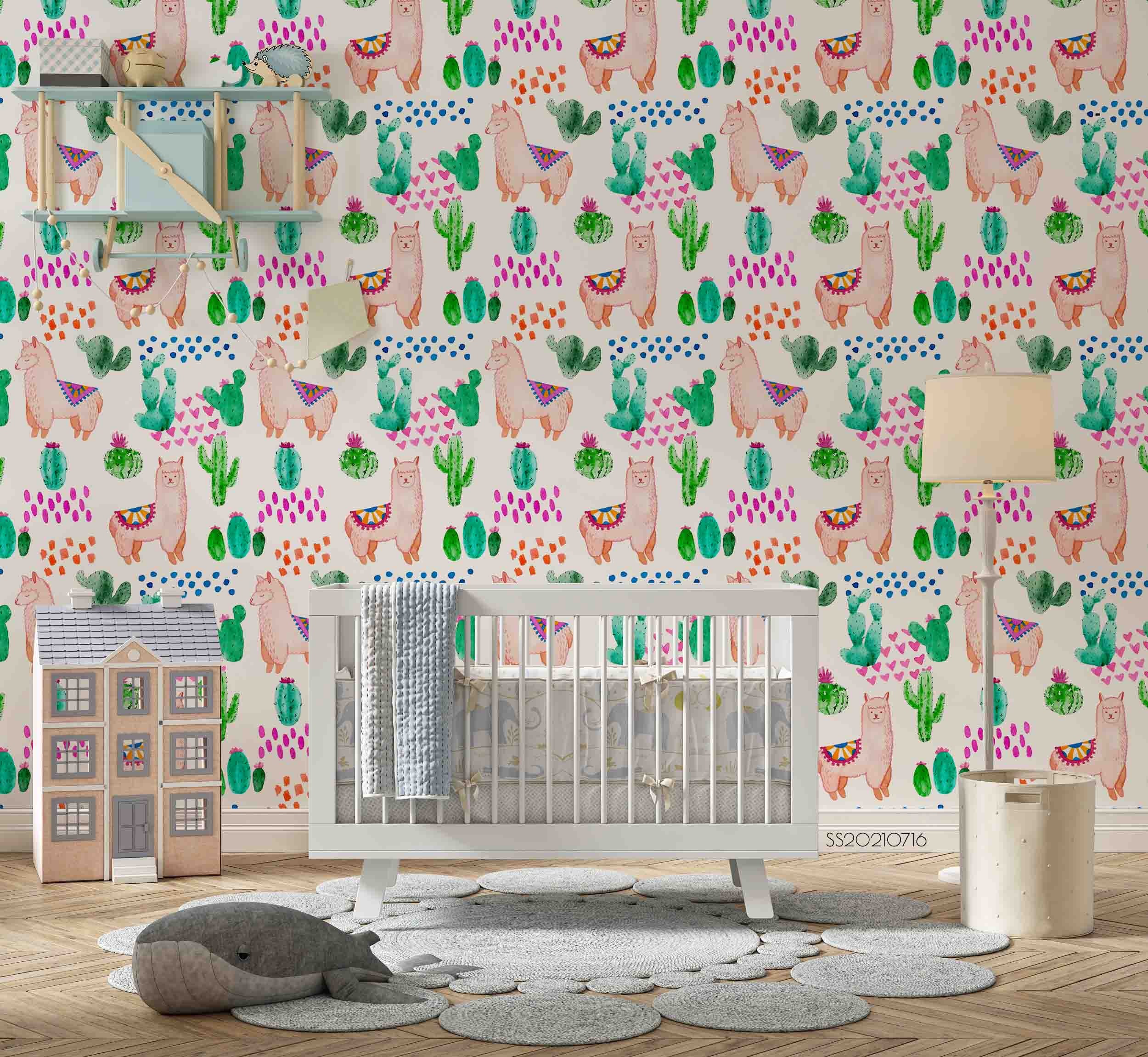 3D Cartoon Animal Alpaca Cactus Wall Mural Wallpaper Lqh 24