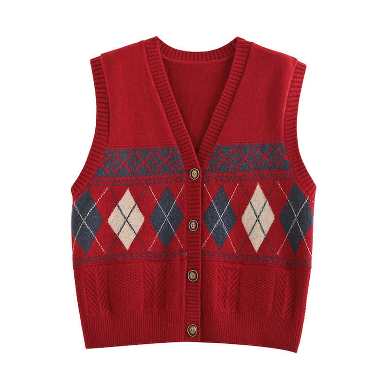 Sweater Vests Women Argyle Unisex Harajuku Street Style V-neck Casual Femme Jumpers Korean Version Retro Sleeveless Stylish Chic alx