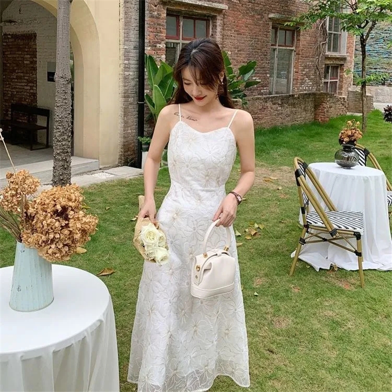 White Spaghetti Strap Embroidered Midi Dress Korean Style V-neck High Waist Dresses For Women 2021 Fashion Sweet A-line Dresses alx