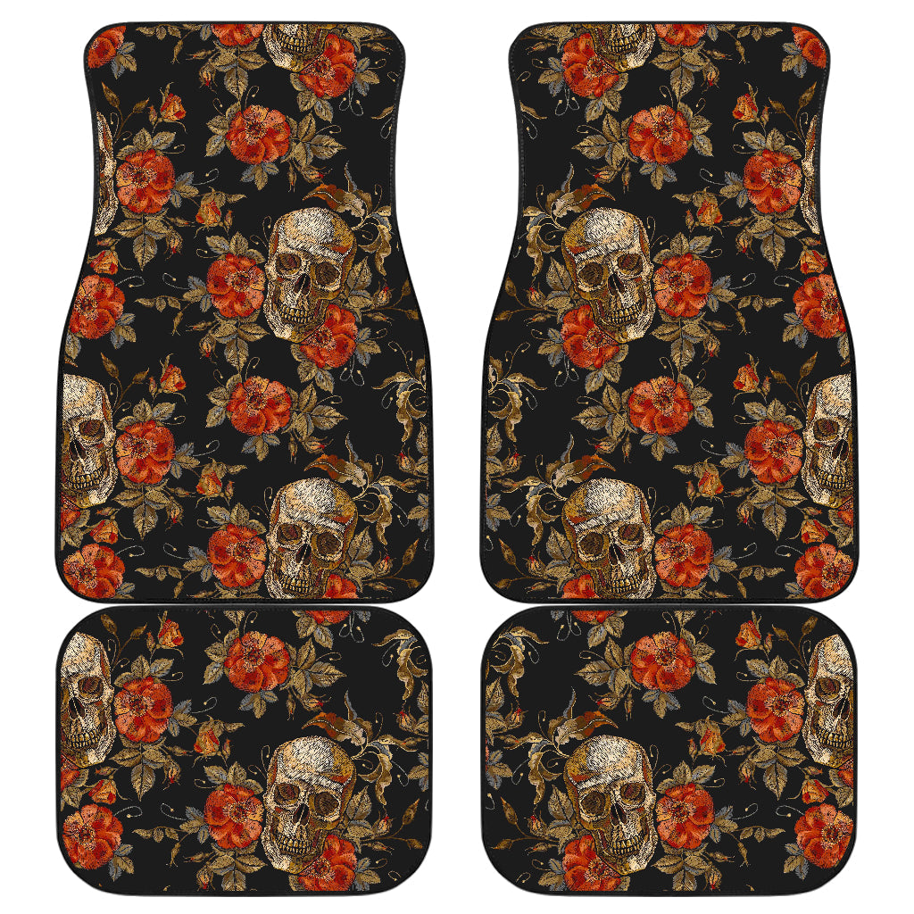 Vintage Floral Skull Pattern Print Front And Back Car Floor Mats, Front Car Mat