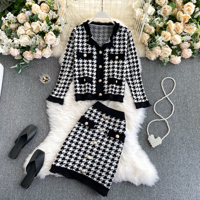 Women Autumn Winter Plaid Houndstooth Knitted Set Long Sleeve Cardigan + Elastic High Waist Skirt Two Pieces Set 2020 alx