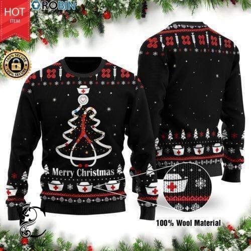 Unifinz Nurse Christmas Sweater Stethoscope Christmas Tree Merry Christmas Black Ugly Sweater 2022