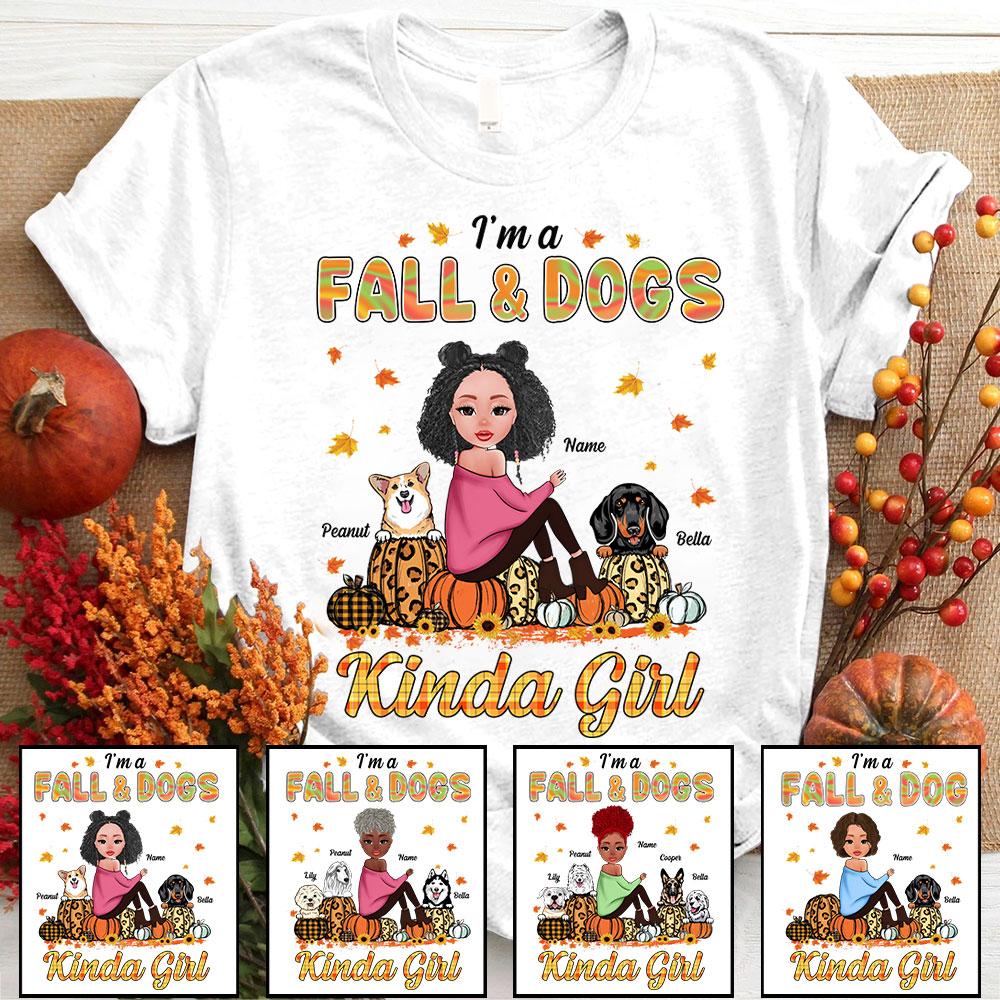 Personalized Dog Mom Autumn Halloween Shirt, I Am A Fall And  Dogs  Kinda Girl Cute Dog Shirt, Custom Mom And Dog Name Shirt