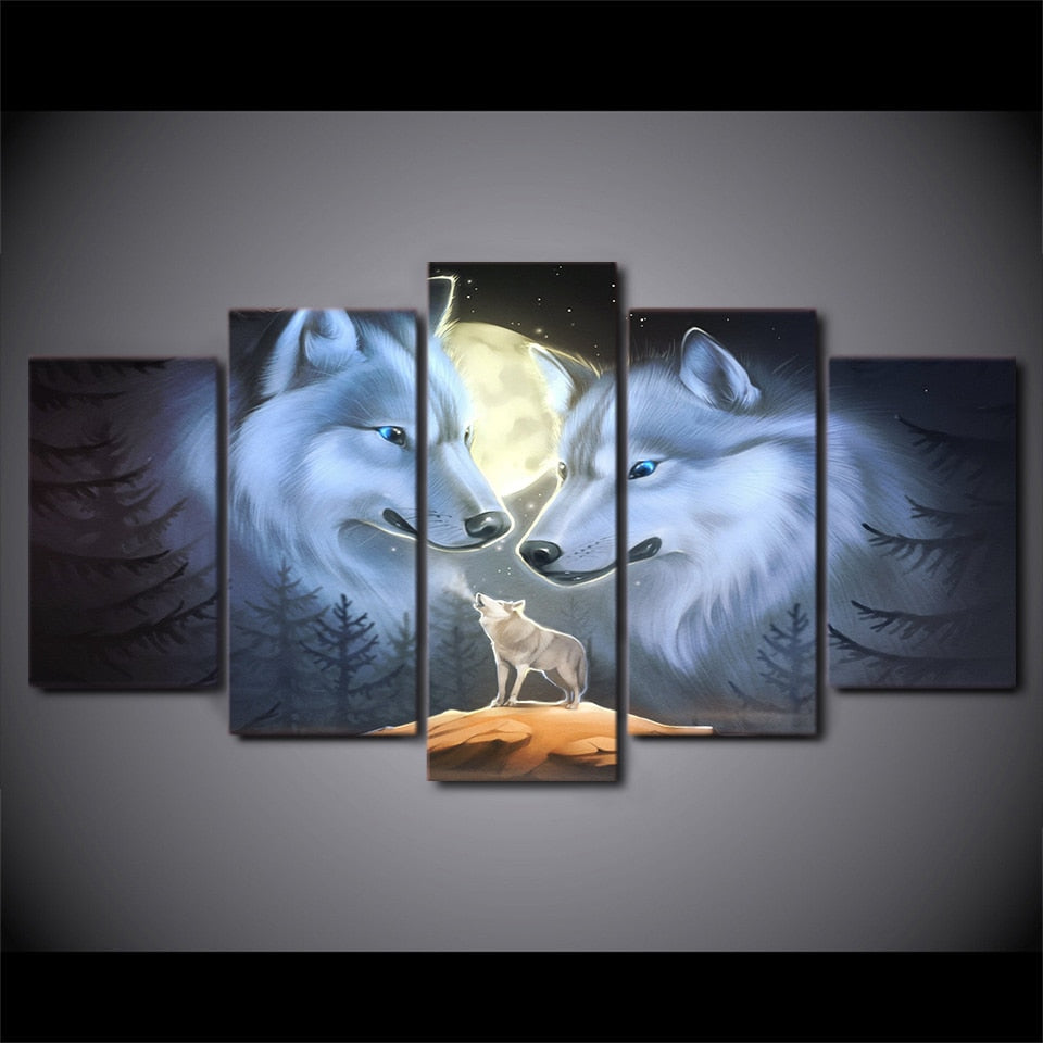 Wolf Full Moon Animal Canvas Poster 5 Panel Pictures Frame Canvas Wall Art