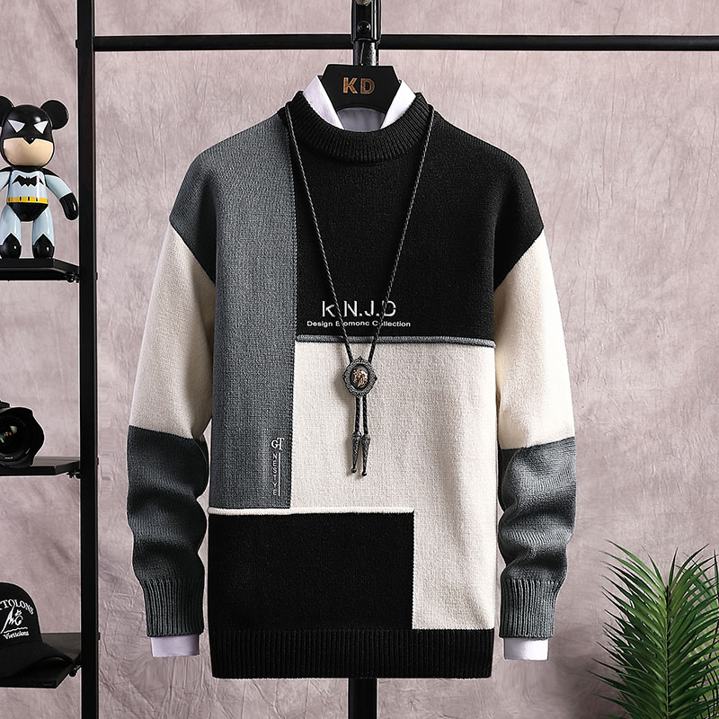 2021 Autumn and Winter Warm Sweater Men’s Casual Slim O-neck Pullover Fashion Splicing Sweater High Quality Knitted Sweater Men alx