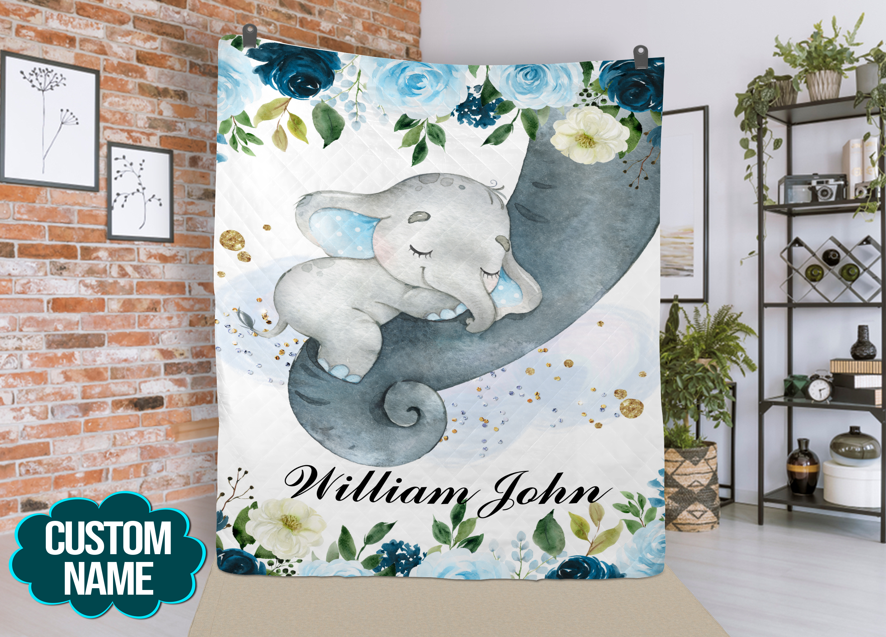 Boys Blue Floral Elephant Name Baby Quilt Blanket