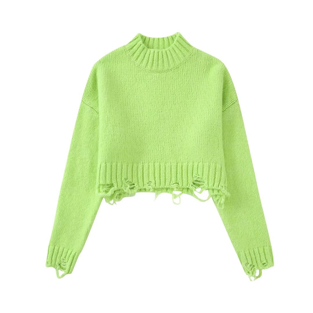 Zevity Women Fashion Stand Collar Solid Color Broken Hole Design Short Sweater Female Long Sleeve Pullovers Chic Tops SW2200 alx