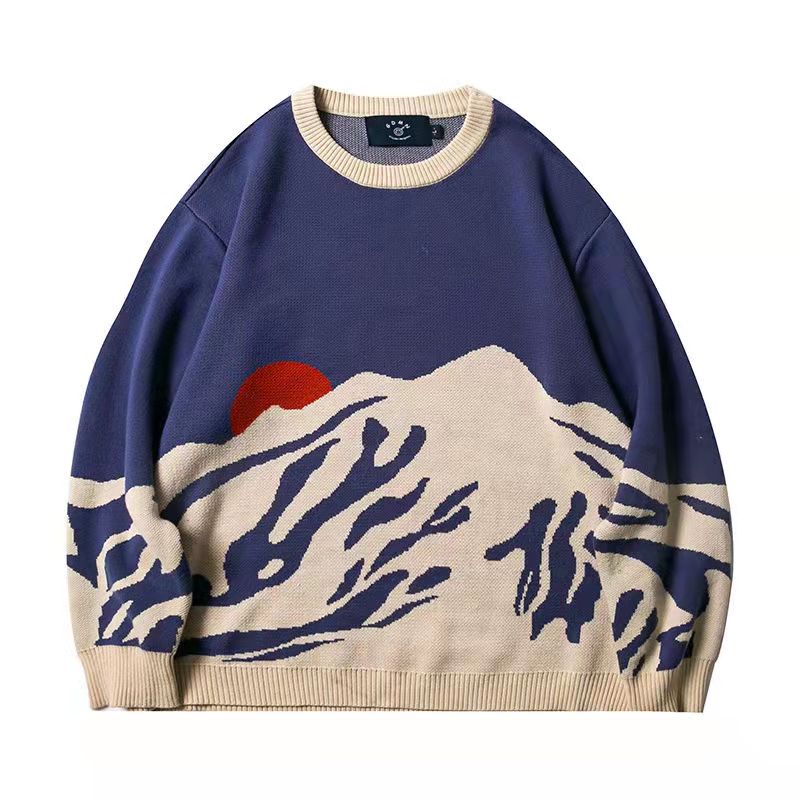 Autumn Winter Snow Mountain Letter Print Knitted Sweater Men Long Sleeve O Neck Blue Black Pullover Oversized Male Sweater Tops alx