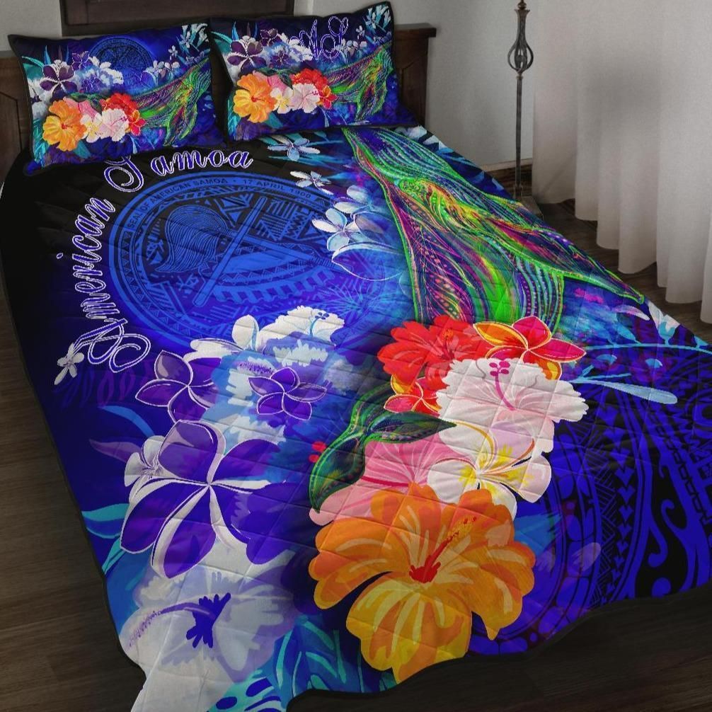 Alohawaii Home Set – Quilt Bed Set American Samoa Polynesian – Humpback Whale With Tropical Flowers (Blue)- Bn18