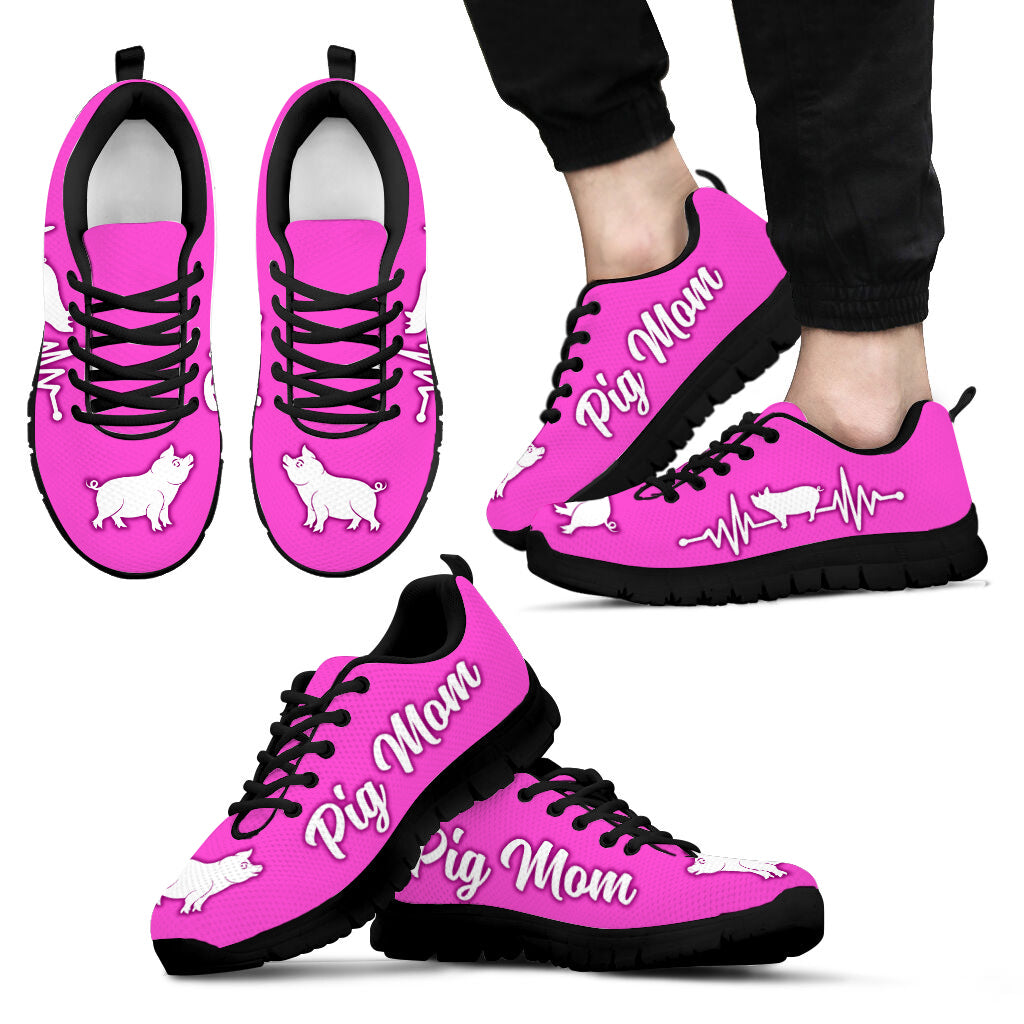 Pig Mom White Heartbeat Pink Sneaker Multiple Size Print Tennis Shoes Comfortable Walking Running Casual Shoes
