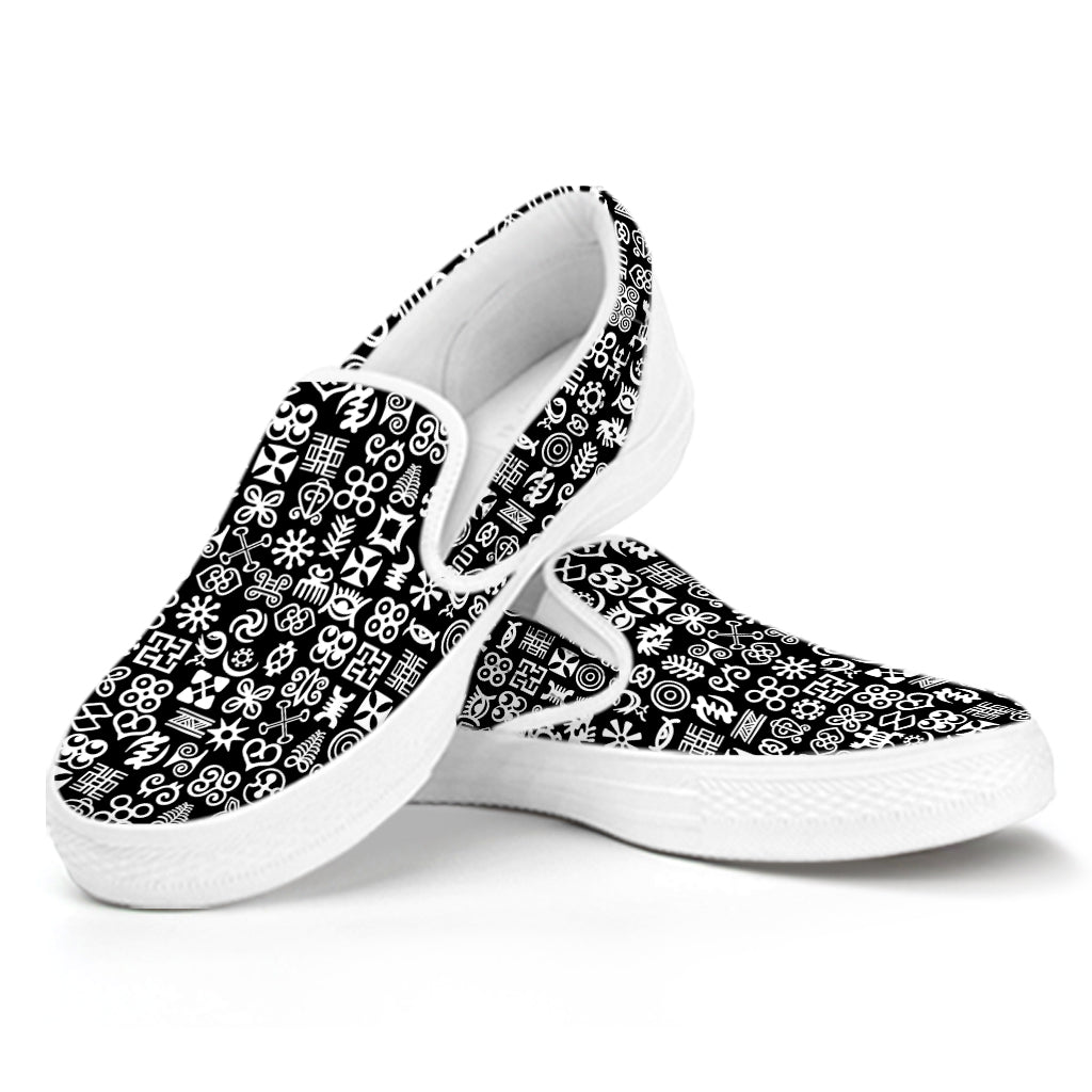 White And Black Adinkra Symbols Print White Slip On Shoes