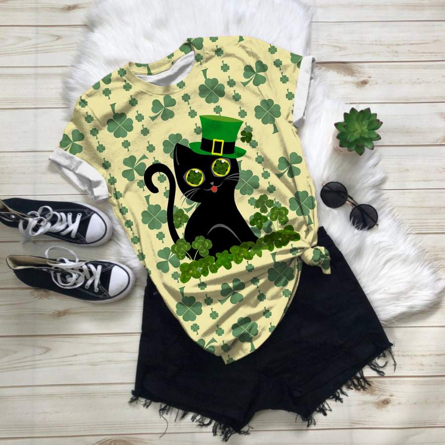 Cute Black Kitten In Leprechaun Hat With Four-leaf Clovered Patrick T-shirt