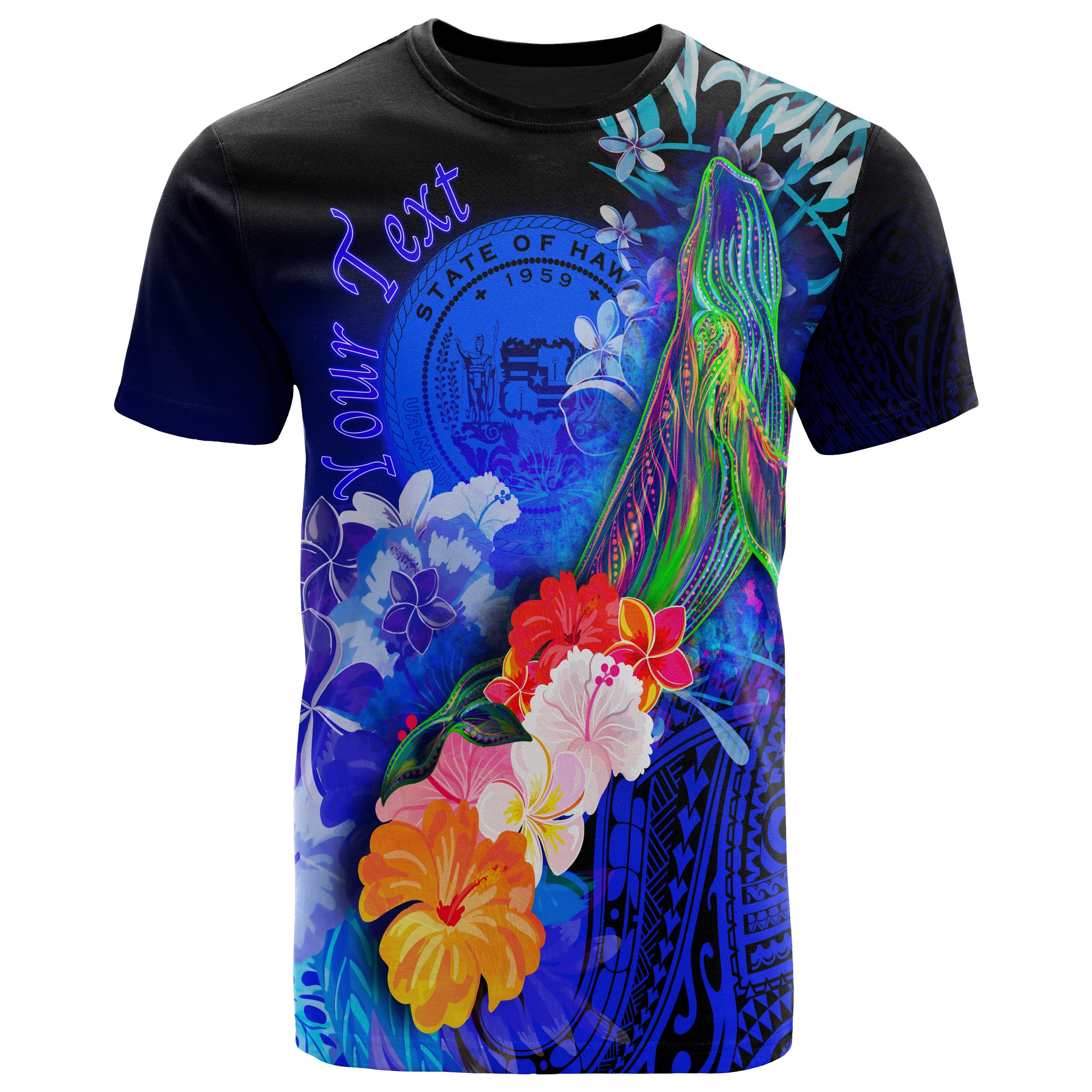 Polynesian Hawaii Personalised T-Shirts – Humpback Whale with Tropical Flowers (Blue)- BN18