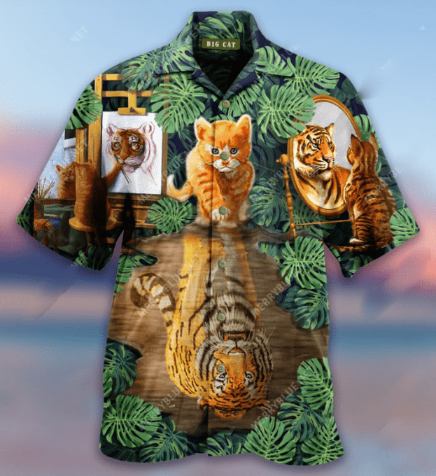 Cat See Tiger By Mirror Hawaiian Aloha Shirts Hawaiian Shirt For Men, Hawaiian Shirt For Women, Aloha Shirt