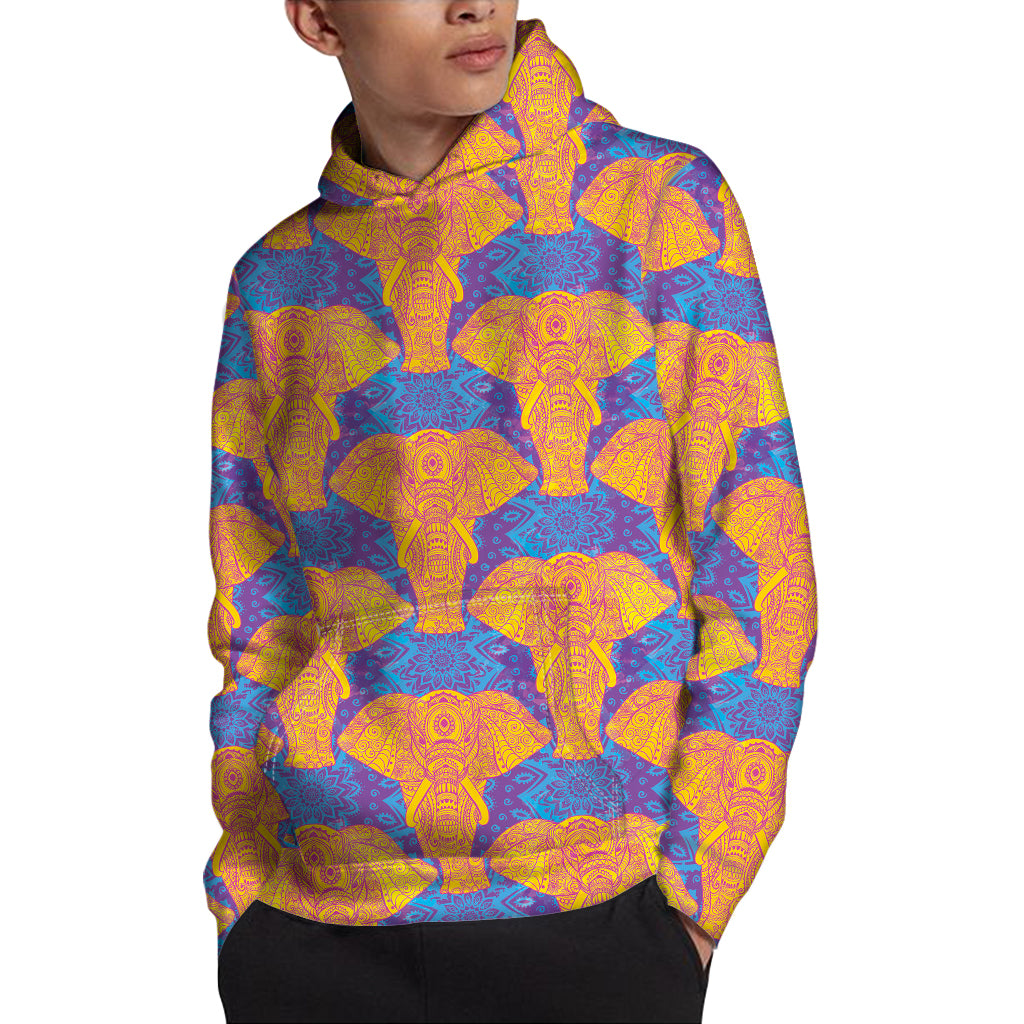 Yellow Mandala Elephant Pattern Print Pullover Hoodie