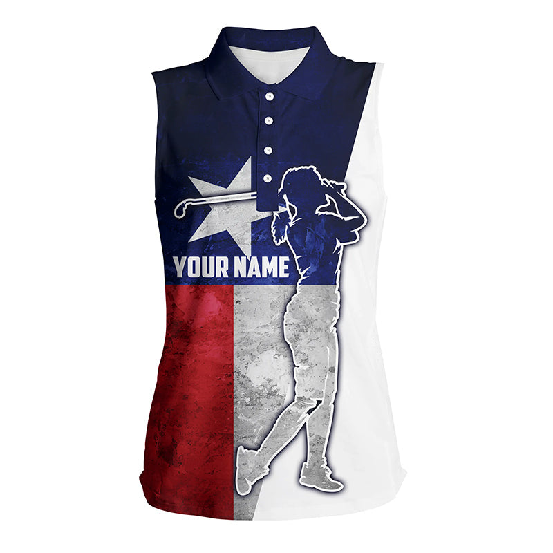 Texas Flag Womens Sleeveless Polo Shirt Custom Name Patriot Golf Gifts, Golf Shirts For Women