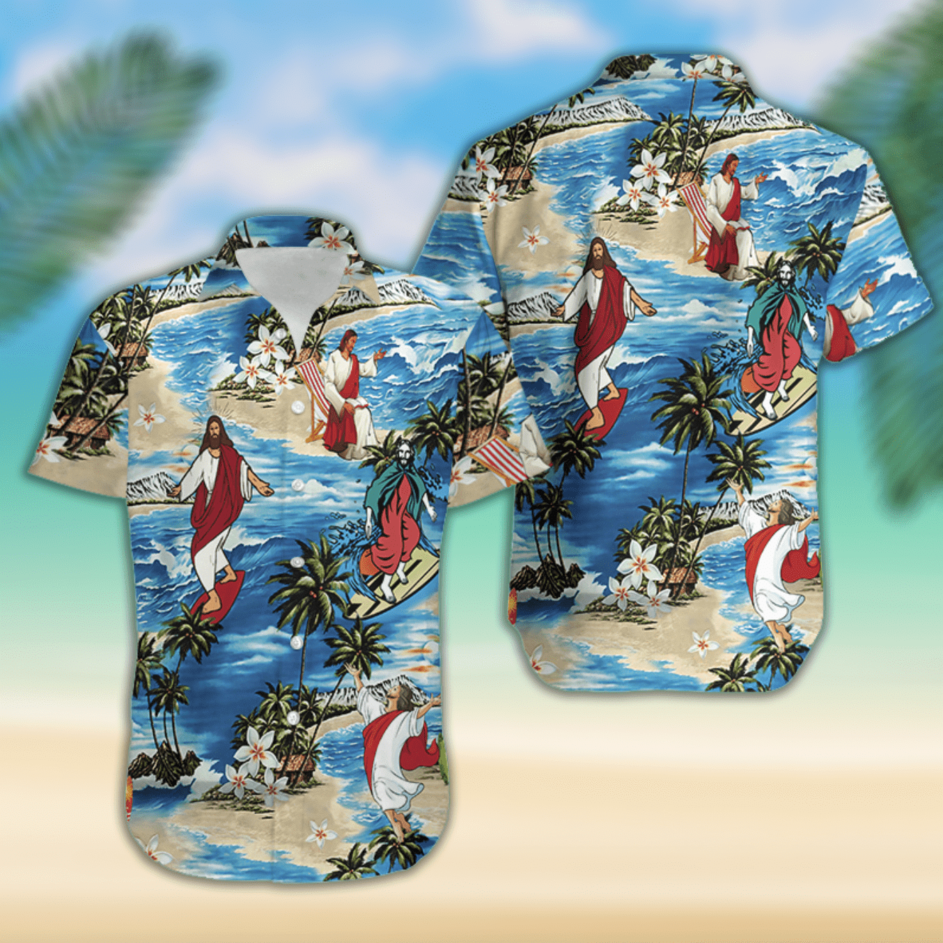 High Quality Jesus Surfing Summer Tropical Hawaii Aloha Shirts Ha105290