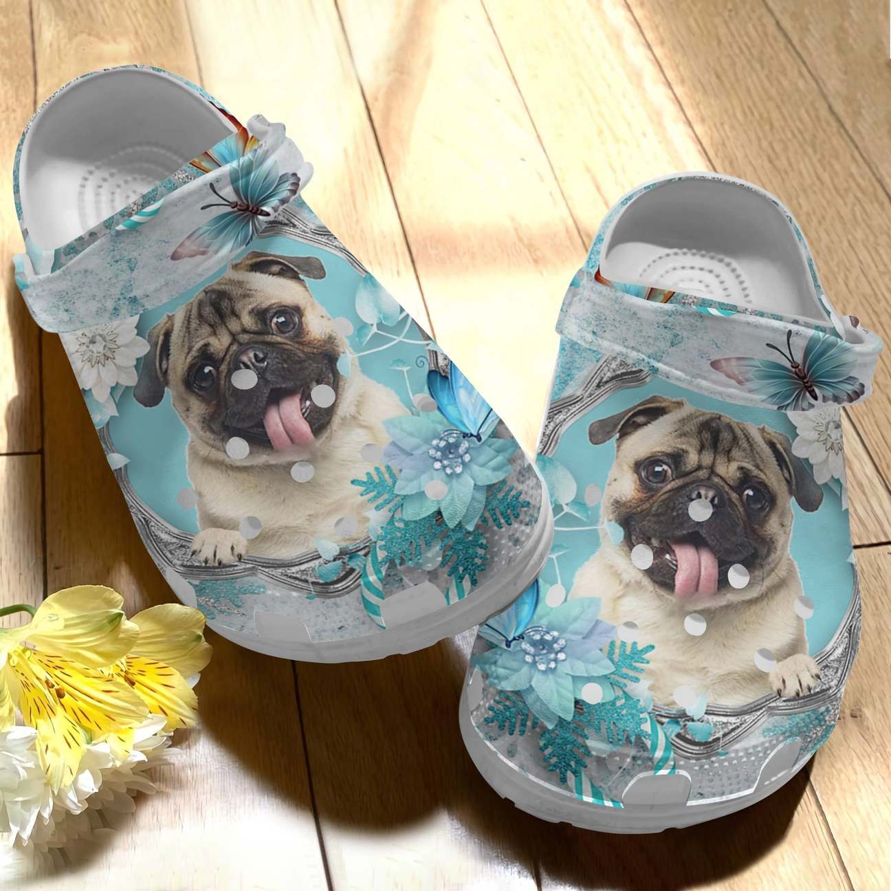 Pug Personalized Clog, Custom Name, Text Pug Blue Butterfly, Fashion Style For Women, Men, Kid, Print 3D