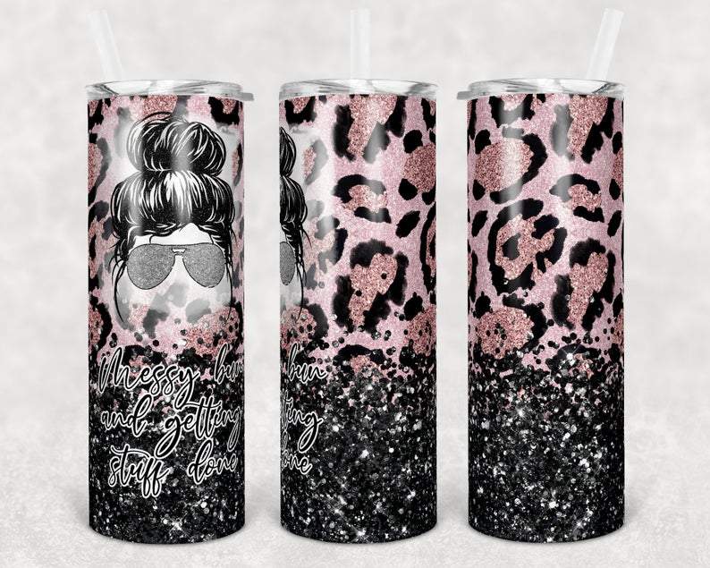 20oz Skinny Tumbler Pink Black Leopard Glitter Messy Bun Getting Stuff Done, 20oz Stainless Steel Tumbler