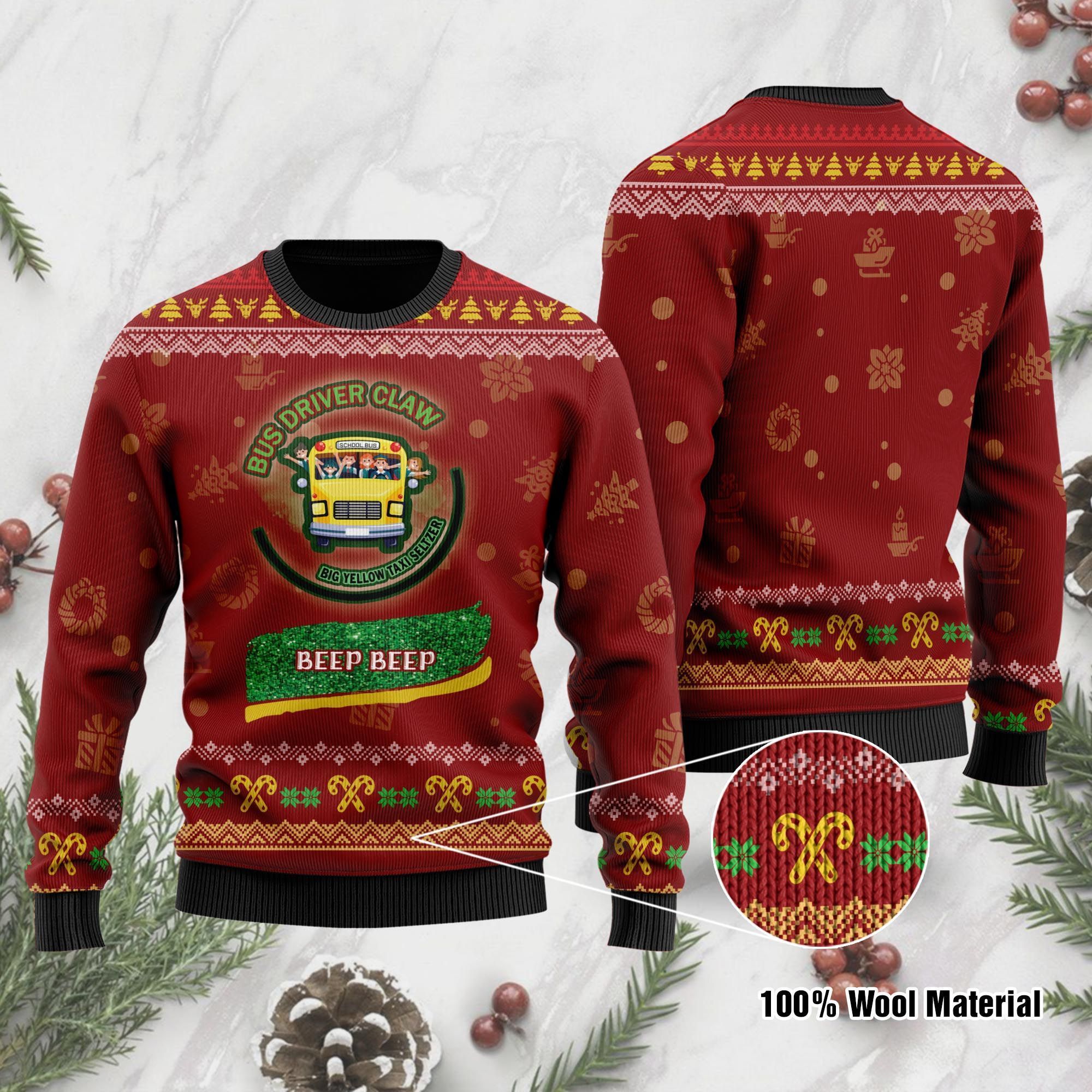 School Bus Driver Claw Big Yellow Taxi Seltzer Beep Beep Ugly Sweater At Christmas Time