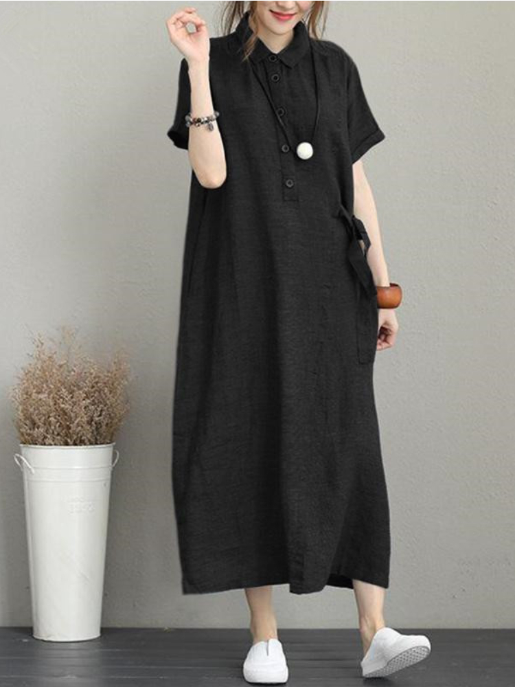 Summer New Ladies Loose Dress Solid Color Cotton Linen Lapel Short-sleeved Dress Women’s Mid-length Comfortable and Breathable alx