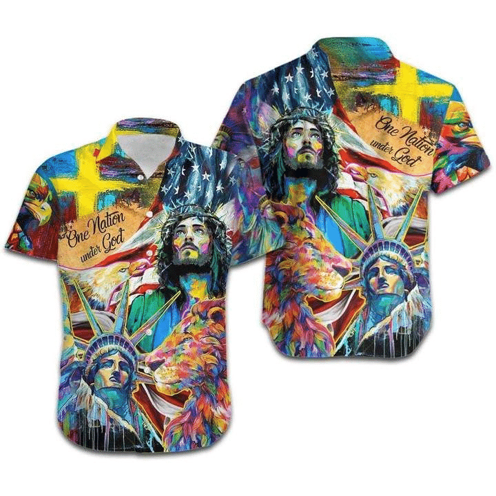 Waybackapparel Jesus Lion One Nation Under God Colorful 3D Hawaiian Shirt