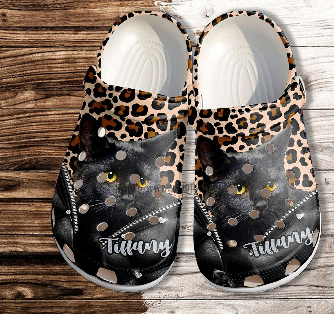 Black Cat Leopard Leather Funny Crocs Shoes Gift Women Mother Day- Cat Mom Shoes Croc Clogs Customize